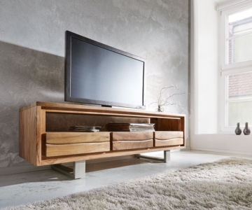 DELIFE Lowboard Live-Edge 146 cm Akazie Natur 3 Schübe 1 Fach, Fernsehtische, Baumkantenmöbel, Massivholzmöbel, Massivholz, Baumkante, Wolf Live Edge