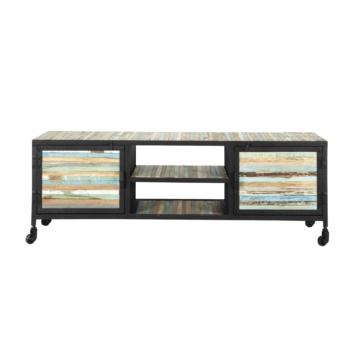 TV-Lowboard aus Metall und Holz auf Rollen, B 140 cm, schwarz